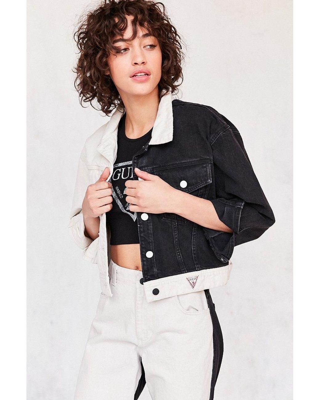 Guess 1981 Colorblock Cropped Denim Jacket in Black Lyst